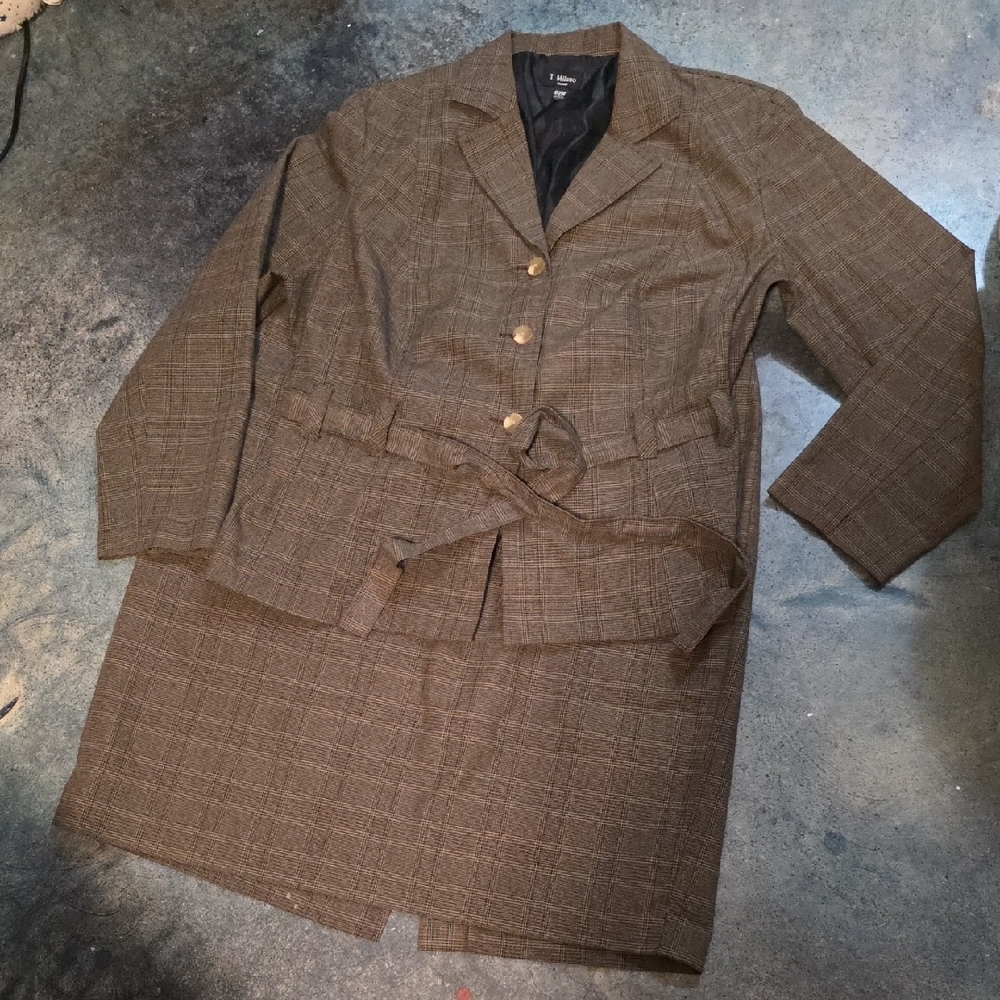 T. Milano Brown Plaid Skirt Suit